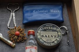 Colonial Bank of Greenville mini-cash bag, Cloverine Salve tin