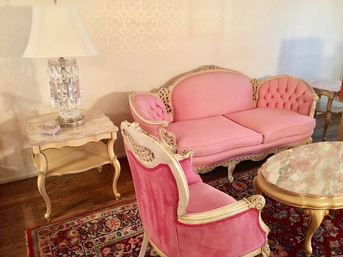 French Provincial living room set with pink marble