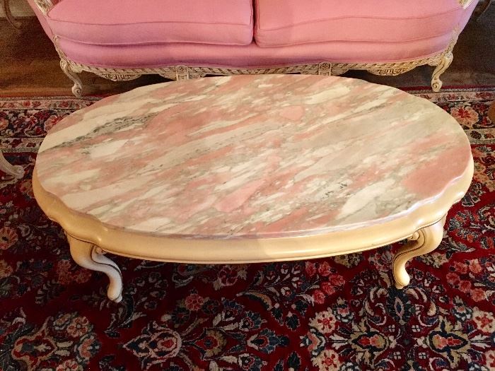 French Provincial  coffee table with pink marble