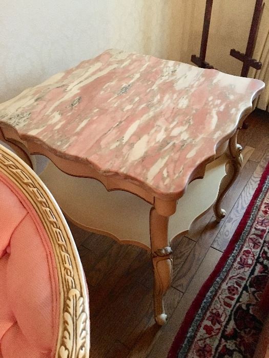 French Provincial  sofa table (two of two) with pink marble