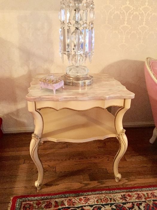 French Provincial  sofa table (one of two) with pink marble