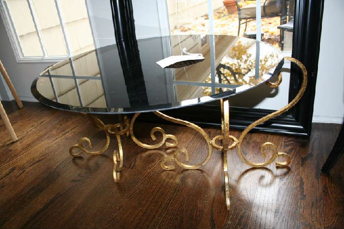 Gilded Italian Cocktail Table with Choice of Two Small Clear Glass Tops for Two Tables or Large Black Glass Top for One.