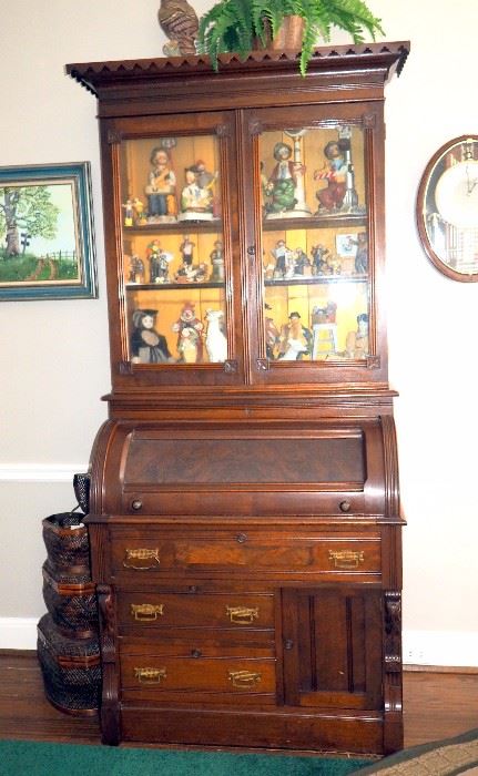 Antique Barrel-Top Secretary With Glass Doors, Lower Storage, 85.5"H x 38.5"W x 22.75"D