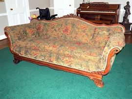 Ornately Carved Swan Sofa, Wood Edge, Trim & Detail