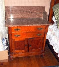 Eastlake Style, Ornately Carved, Marble-Topped Wash Stand, Back Splash 38"H x 30.75"W x 17"D