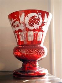 Antique Bohemia Cranberry Red Cut To Clear Vase Running Deer/Elk Pattern 11.5"H x 9"Dia