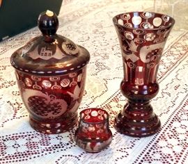 Antique Bohemia Cranberry Red Cut To Clear Vase 8"H x 4" Dia, Biscuit Jar 5"H x 5" Dia, Toothpick Holder 3"