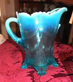 Blue Opalescent 8" Pitcher, 4" Footed Juice Glasses Qty 6, 3.5" Votive And 9" 6 Point Star Plate