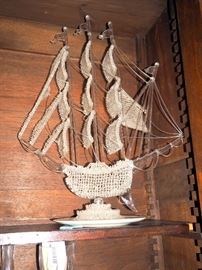 Spun Glass Crystal Ship, Triple Mast An Impressive 24"H