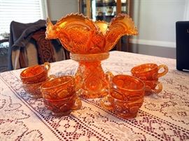 Carnival Glass 10" Punch Bowl With Fluted Top, Hobstar Pattern With Cups Qty 8