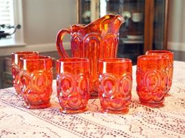 Indiana Glass Heirloom Sunset Red Carnival Glass 8" Pitcher And 4.5" Glasses Qty 6, Stars & Moons Pattern