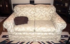 Basset Furniture Upholstered Love Seat 66"W, Damage To One Arm, Includes Brown Furniture Cover