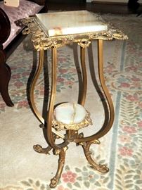 Brass Fern / Plant Stand With Marble Top, Unique Square Top With Round Lower Shelf, 29.5" x 14.5" x 14.5"