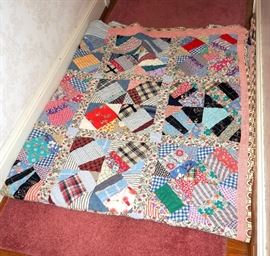 Hand Stitched Antique Quilt With Machine Repairs, Crazy Block Pattern, 88" x 72"