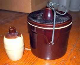 Unmarked Stoneware Crock 4.5"H x 5.25"D With 4.25" Stoneware Jug