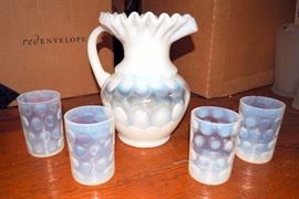 Vintage Opalescent Coin Dot/Coin Spot 9" Pitcher, And 3.25" Juice Glasses, Qty 4, Believed Fenton