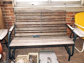 Metal Framed Wood Glider Bench With Side Tables, Bench 51"W, Overall 72"W