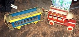 World's Fair Express Pressed Metal Trolley Car, 10"H x 21"L x 4"W, And Lehmann's Pressed Metal Double Decker Bus, 10"H x 17"L x 6"W