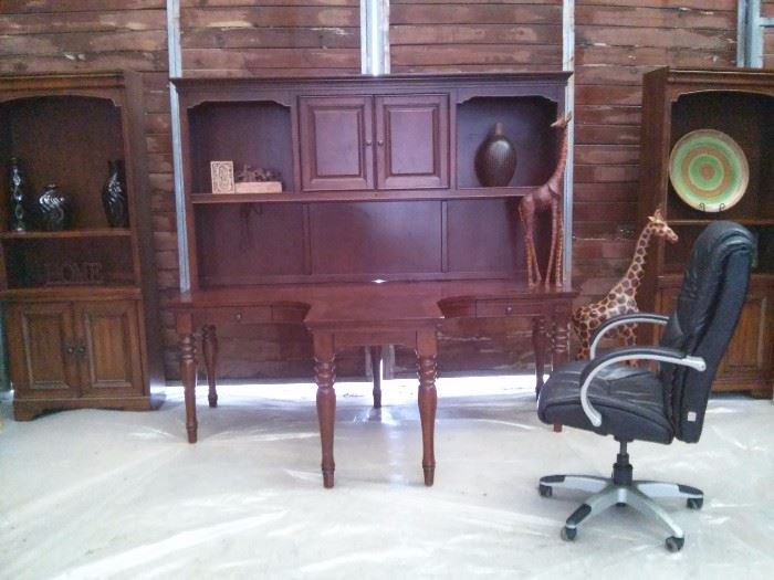 Office desk, bookcases, leather Sealy chair