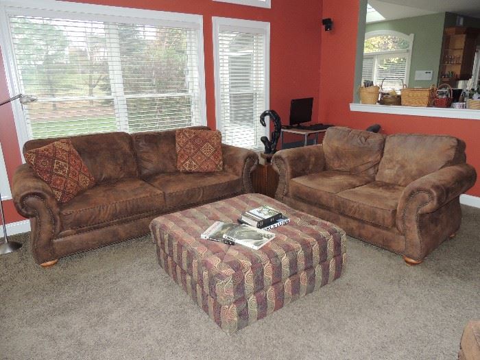 Broyhill ultra suede  sofa with love seat and chair with ottoman, fabric ottoman, Raymore & Flannigan.