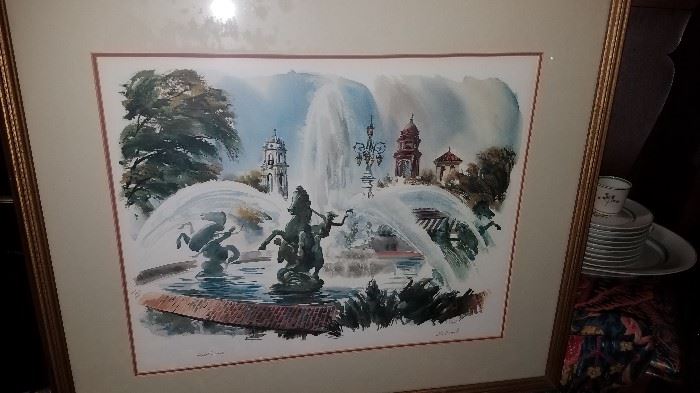 "Kansas City Plaza Water Fountain" watercolor artist proof J.R. Hamil