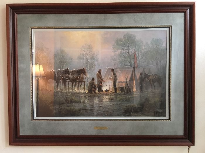 G.Harvey "Thoughts of Home" signed lithograph.                 Framed with R/G, matted, filet.   45" x 31"