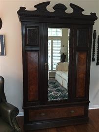 Exquisite English Mahogany Armoire, w/Burled Wood     Late 1800's  4' x 10'  (breaks down into 3-pcs.for moving)