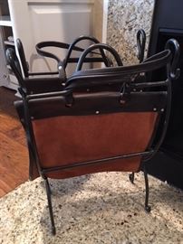 FIREPLACE WOOD RACK W/LEATHER CARRIER