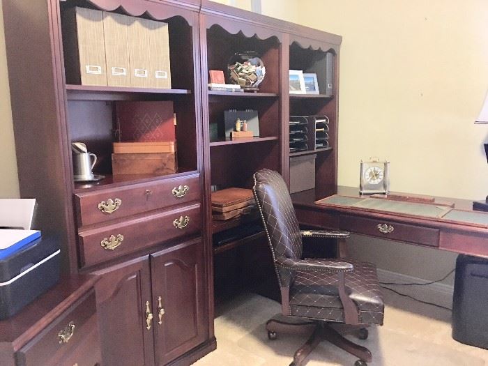 4-PIECE OFFICE SUITE:  3-BOOKCASE/CABINETS, DESK W/KEYBOARD TRAY                                                              FAUX LEATHER CHAIR 