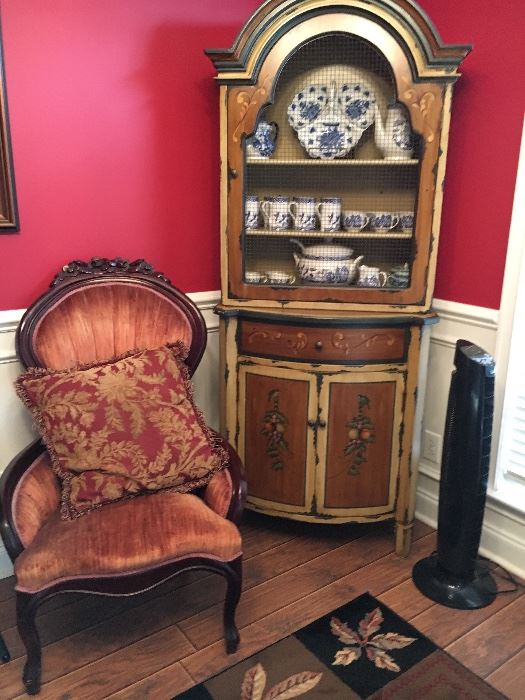 Beautiful Corner Cabinet............Lots of Blue & White  Dish ware.....Victorian Chair in Great Condition