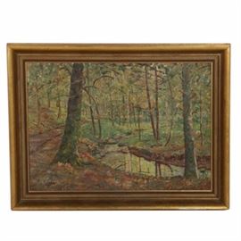 R. Tillwetz Oil Painting on Board of Woodland Scene: An oil painting on board of a woodland scene by R. Tillwetz. With impasto textures, the work depicts a woodland scene in muted greens. Inscribed with the artist’s signature to the lower left corner. Housed in a gilt and wood frame.