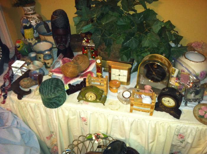 Vintage Clocks, Pottery, Flower arrangements