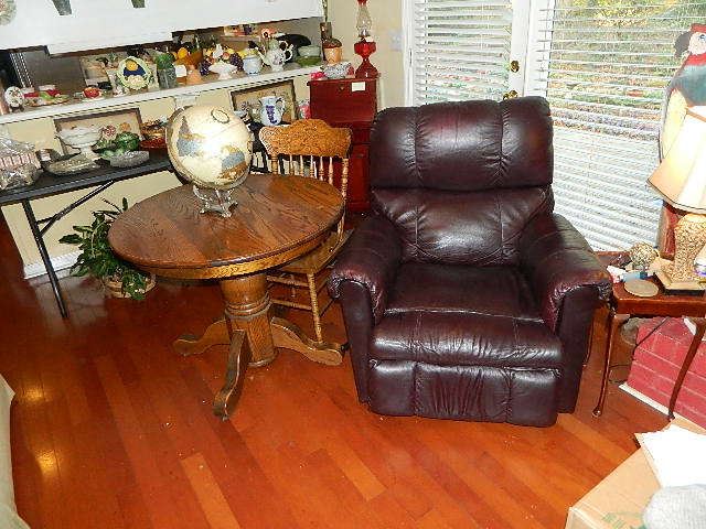 Round Table & 4 Chairs, Beautiful Leather Recliner; Table with four chairs sold; Leather recliner still available.