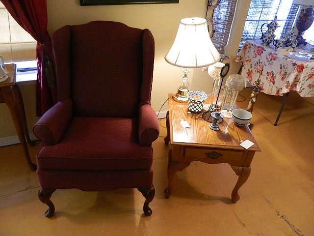 Vintage Arm Chair, End Table, lamp, Glass