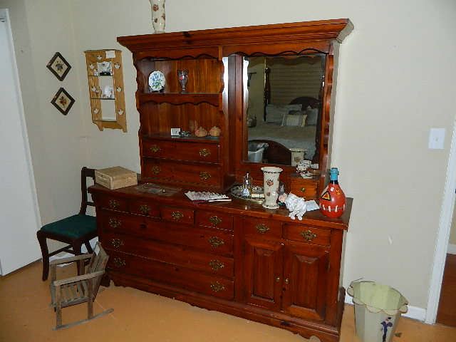 nice double dresser with mirror and shelves