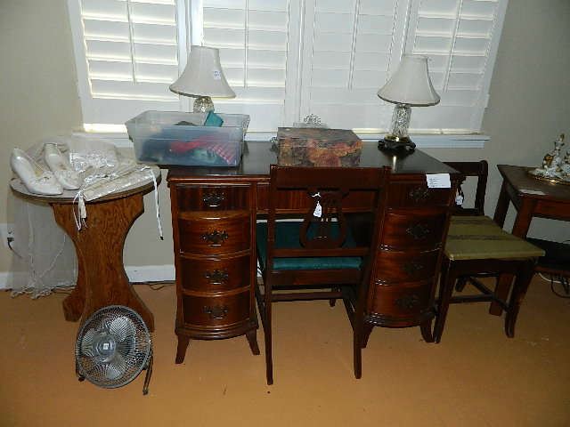 very nice desk, with harp chair; lamps and other smalls