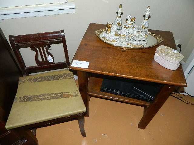 cruet set on small table; mahogany harp chair
