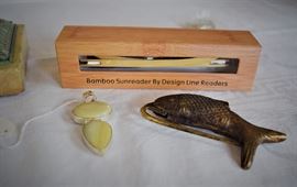 Bamboo glasses...a sterling / gemstone pendant...a vintage Chinese Fish lock (the key is missing)