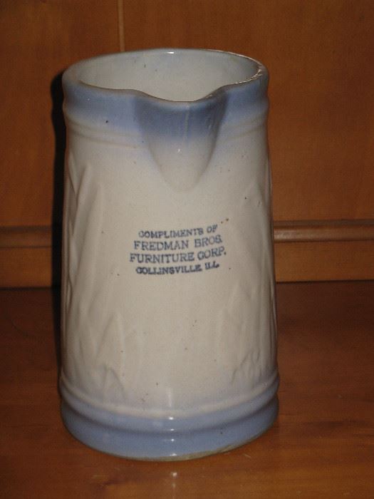 Collinsville  Fredman Bros. Furniture Stoneware Blue & White Pitcher Advertising Water Pitcher  