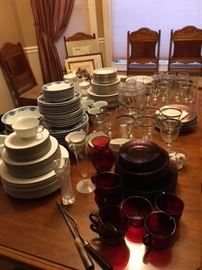 5 sets of dishes and 5 different sets of glassware, A lot of interesting glassware and serving items.