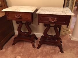 Marble Topped Harp style end tables.  Appears to be rosewood.