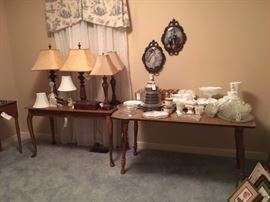 MATCHING LAMPS, MILK GLASS AND FOSTORIA IN THIS ROOM, LOTS OF GLASSWARE.