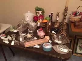 LOTS OF GLASSWARE, OLD CANDY DISHES, ETC.