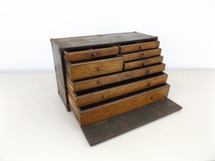 Antique Metal Machinists Tool Box with Wood Drawers
