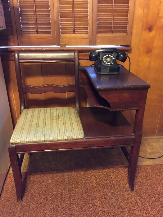 Antique Telephone Table and Rotary Dial Phone