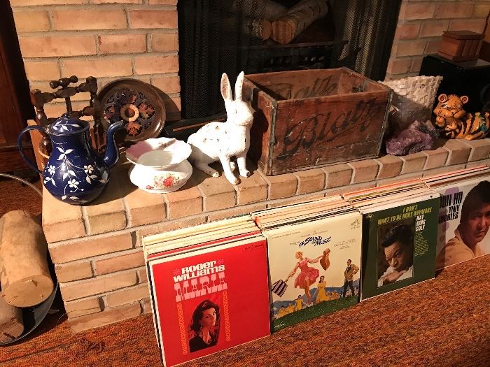 Records, cast iron bunny (as is foot), Blatz crate