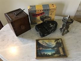 Antique bank, Brumberger stereoviewer, French incense burner, Star Dairy Advertising Thermometer
