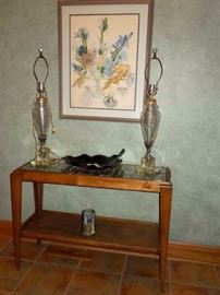Wakefield style glass block side table and etched glass lamps