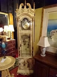 CHINESE WHITE LACQUER GRANDFATHER CLOCK