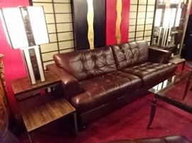 BROWN LEATHER MODERN TUFTED SOFA